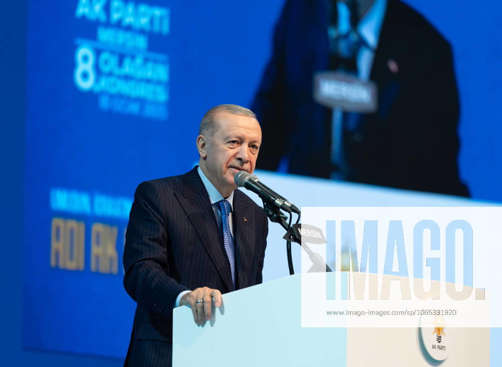 Turkish President Recep Tayyip Erdogan MERSIN, TURIYE - JANUARY 18: Turkish President and leader of the Justice and Development (AK) Party Recep Tayyip Erdogan makes a speech during the AK Party’s 8th Ordinary Provincial Congress at Servet Tazegul Sports Hall in Mersin, Turkiye on January 18, 2025. Mersin Turkey. Editorial use only. Please get in touch for any other usage.