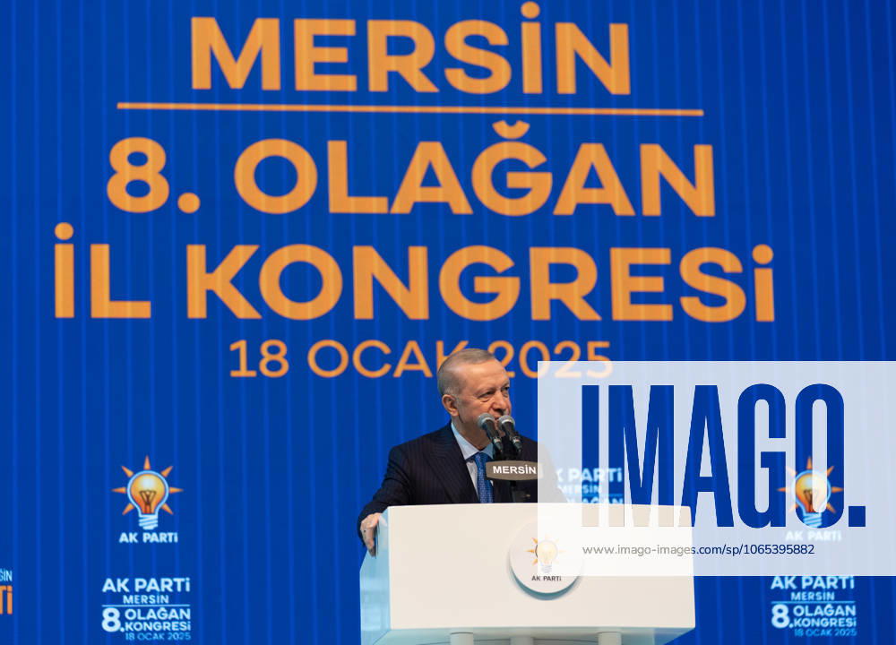 Turkish President Recep Tayyip Erdogan MERSIN, TURIYE - JANUARY 18: Turkish President and leader of the Justice and Development (AK) Party Recep Tayyip Erdogan makes a speech during the AK Party’s 8th Ordinary Provincial Congress at Servet Tazegul Sports Hall in Mersin, Turkiye on January 18, 2025. Mersin Turkey. Editorial use only. Please get in touch for any other usage.