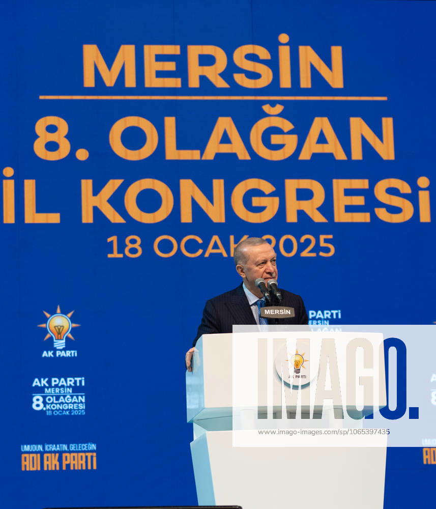 Turkish President Recep Tayyip Erdogan MERSIN, TURIYE - JANUARY 18: Turkish President and leader of the Justice and Development (AK) Party Recep Tayyip Erdogan makes a speech during the AK Party’s 8th Ordinary Provincial Congress at Servet Tazegul Sports Hall in Mersin, Turkiye on January 18, 2025. Mersin Turkey. Editorial use only. Please get in touch for any other usage.