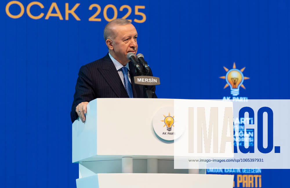 Turkish President Recep Tayyip Erdogan MERSIN, TURIYE - JANUARY 18: Turkish President and leader of the Justice and Development (AK) Party Recep Tayyip Erdogan makes a speech during the AK Party’s 8th Ordinary Provincial Congress at Servet Tazegul Sports Hall in Mersin, Turkiye on January 18, 2025. Mersin Turkey. Editorial use only. Please get in touch for any other usage.