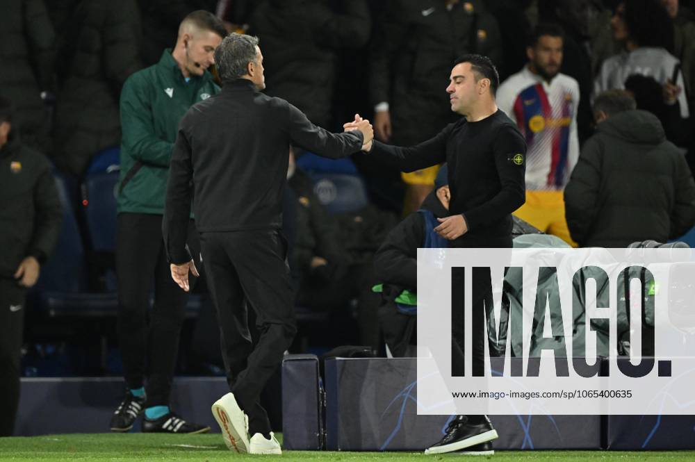 Paris Saint-Germain v Barcelona - UEFA Champions League PARIS, FRANCE - APRIL 10: Coaches Luis Enrique of PSG and Xavi of Barcelona greet each other at the end of the UEFA Champions League quarter finals first leg football match between Paris Saint-Germain and FC Barcelona, Barca at Parc des Princes in Paris, France on April 10, 2024. Ile-de-France France. Editorial use only. Please get in touch for any other usage.