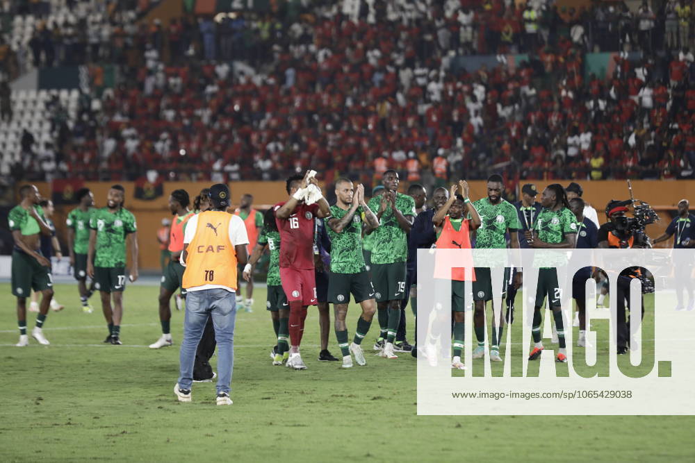 Nigeria v Angola - Africa Cup of Nations ABIDJAN, IVORY COAST - FEBRUARY 02: Players of Nigeria celebrate victory after the Africa Cup of Nations quarterfinal match between Nigeria and Angola at Felix Houphouet Boigny Stadium in Abidjan, Ivory Coast on February 02, 2024. Côte d Ivoire World. Editorial use only. Please get in touch for any other usage.