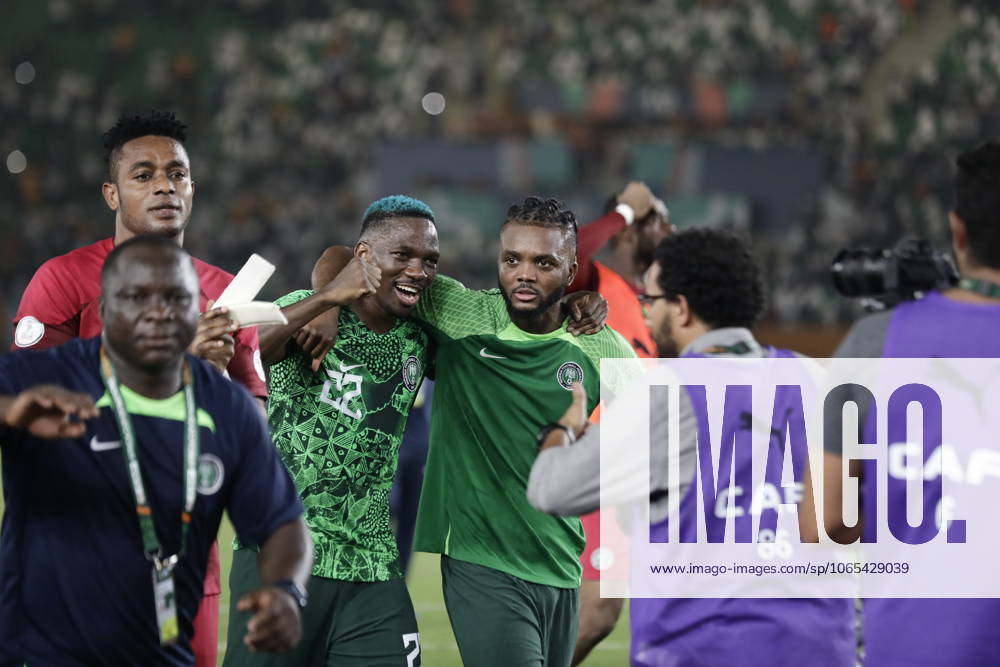 Nigeria v Angola - Africa Cup of Nations ABIDJAN, IVORY COAST - FEBRUARY 02: Players of Nigeria celebrate victory after the Africa Cup of Nations quarterfinal match between Nigeria and Angola at Felix Houphouet Boigny Stadium in Abidjan, Ivory Coast on February 02, 2024. Côte d Ivoire World. Editorial use only. Please get in touch for any other usage.