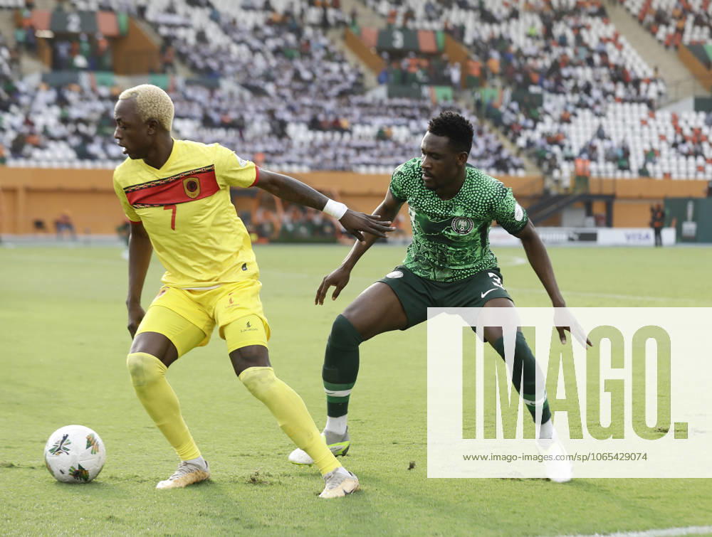 Nigeria v Angola - Africa Cup of Nations ABIDJAN, IVORY COAST - FEBRUARY 02: Zaidu Sanusi (R) of Nigeria in action against Gilberto (L) of Angola during the Africa Cup of Nations quarterfinal match between Nigeria and Angola at Felix Houphouet Boigny Stadium in Abidjan, Ivory Coast on February 02, 2024. Côte d Ivoire World. Editorial use only. Please get in touch for any other usage.