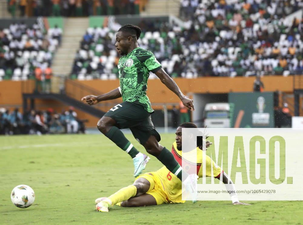 Nigeria v Angola - Africa Cup of Nations ABIDJAN, IVORY COAST - FEBRUARY 02: Moses Simon (L) of Nigeria in action against Kialonda Gaspar (R) of Angola during the Africa Cup of Nations quarterfinal match between Nigeria and Angola at Felix Houphouet Boigny Stadium in Abidjan, Ivory Coast on February 02, 2024. Côte d Ivoire World. Editorial use only. Please get in touch for any other usage.