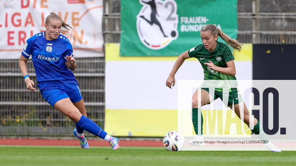 V.li.: Nina Rolfes (SV Meppen, 3) und Maja Zielinska (VfL Wolfsburg II, 10) im Zweikampf, Duell, Dynamik, Aktion, Action, Spielszene, DIE DFB-RICHTLINIEN UNTERSAGEN JEGLICHE NUTZUNG VON FOTOS ALS SEQUENZBILDER UND ODER VIDEOÄHNLICHE FOTOSTRECKEN. DFB REGULATIONS PROHIBIT ANY USE OF PHOTOGRAPHS AS IMAGE SEQUENCES AND OR QUASI-VIDEO., 24.08.2025, Meppen (Deutschland), Fussball, 2. Frauen-Bundesliga, VfL Wolfsburg II - SV Meppen