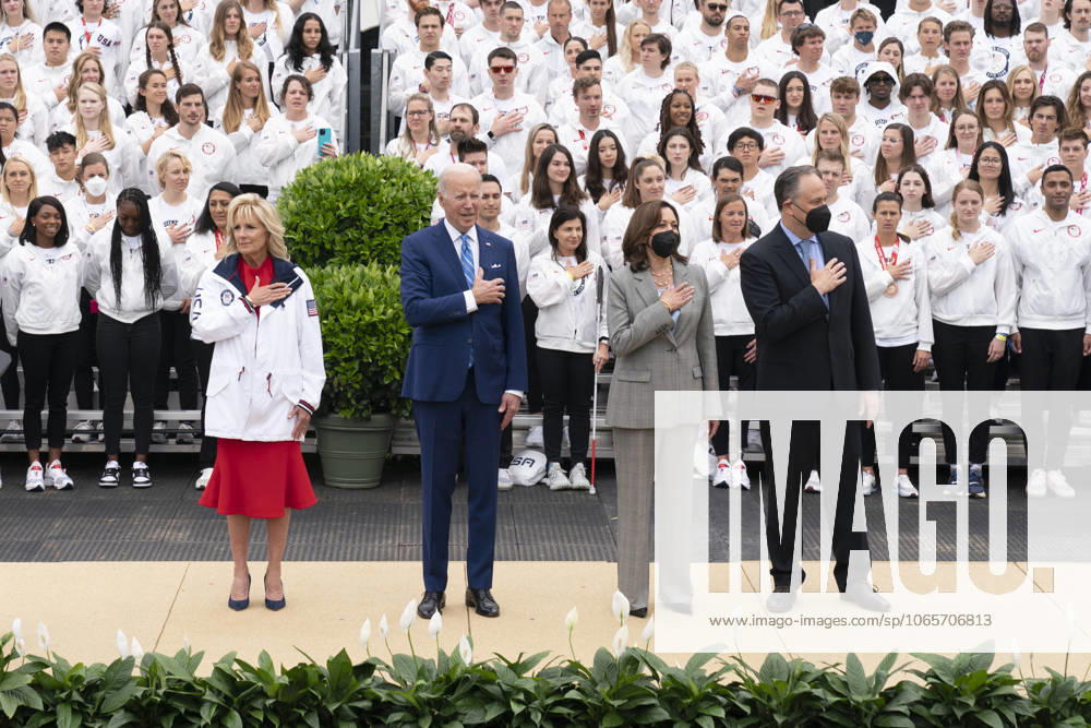 United States President Joe Biden, first lady Dr. Jill Biden, United States Vice President Kamala Harris and second gentleman Doug Emhoff sing the national anthem while welcoming Team USA to the White House to celebrate their participation Tokyo 2020 Summer Olympic and Paralympic Games and Beijing 2022 Winter Olympic and Paralympic Games, at the White House in Washington, DC on May 4, 2022