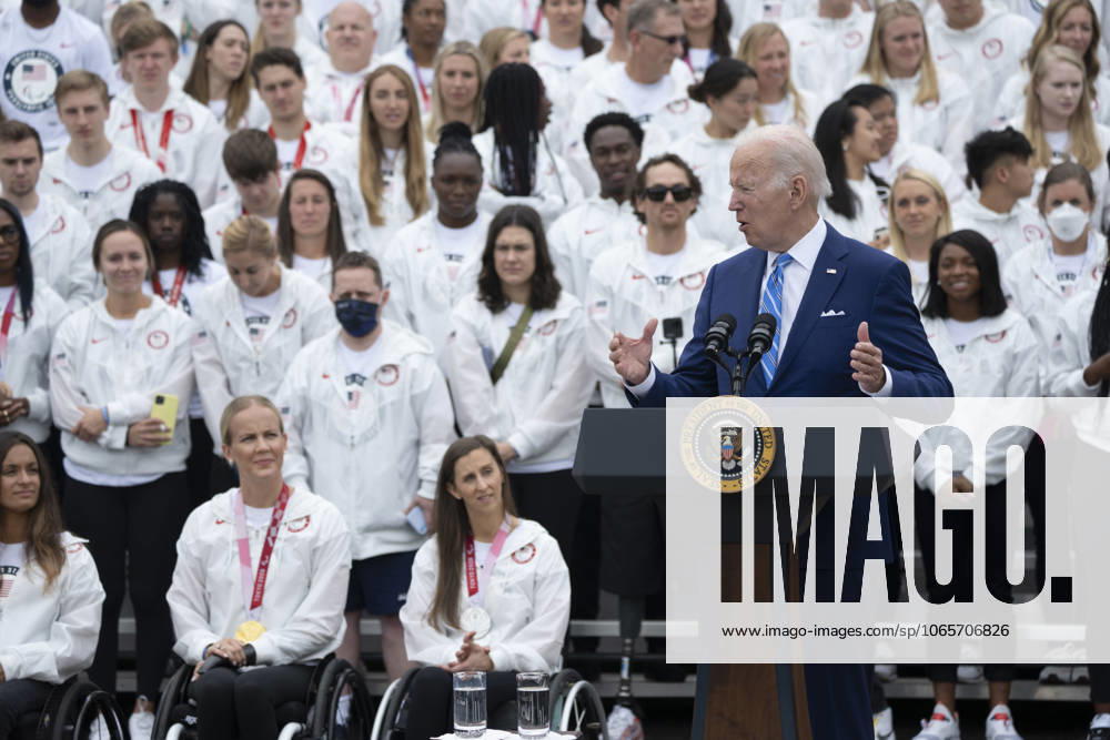 United States President Joe Biden welcomes Team USA to the White House to celebrate their participation Tokyo 2020 Summer Olympic and Paralympic Games and Beijing 2022 Winter Olympic and Paralympic Games, at the White House in Washington, DC on May 4, 2022