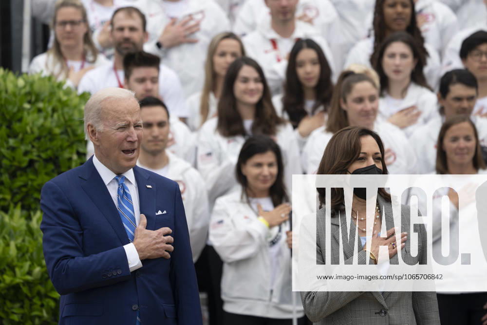 United States President Joe Biden and United States Vice President Kamala Harris sing the national anthem while welcoming Team USA to the White House to celebrate their participation Tokyo 2020 Summer Olympic and Paralympic Games and Beijing 2022 Winter Olympic and Paralympic Games, at the White House in Washington, DC on May 4, 2022