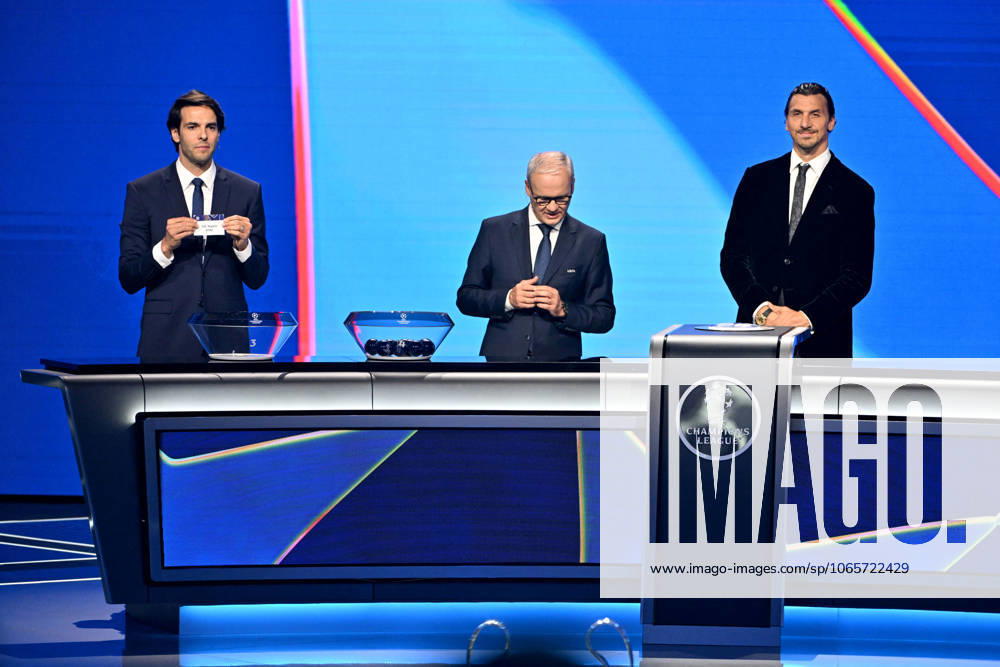 Kaka, Giorgio Marchetti, le secrétaire général de l UEFA, et Zlatan Ibrahimovic durant le tirage au sort de la phase de ligue de la Champions League 2025 - 2026, au Grimaldi Forum à Monaco, le 28 août 2025 Bruno Bebert Bestimage Draw for the group stage of the 2025–2026 UEFA Champions League at the Grimaldi Forum in Monaco on august 28th 2025 Monaco Monaco