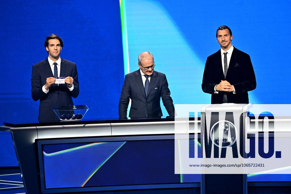 Kaka, Giorgio Marchetti, le secrétaire général de l UEFA, et Zlatan Ibrahimovic durant le tirage au sort de la phase de ligue de la Champions League 2025 - 2026, au Grimaldi Forum à Monaco, le 28 août 2025 Bruno Bebert Bestimage Draw for the group stage of the 2025–2026 UEFA Champions League at the Grimaldi Forum in Monaco on august 28th 2025 Monaco Monaco