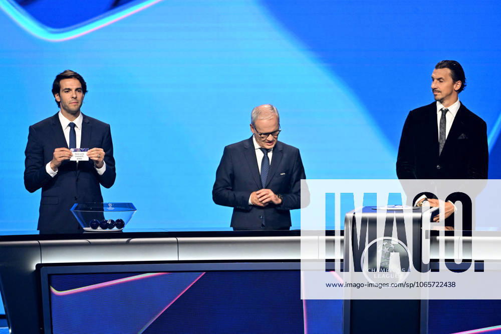 Kaka, Giorgio Marchetti, le secrétaire général de l UEFA, et Zlatan Ibrahimovic durant le tirage au sort de la phase de ligue de la Champions League 2025 - 2026, au Grimaldi Forum à Monaco, le 28 août 2025 Bruno Bebert Bestimage Draw for the group stage of the 2025–2026 UEFA Champions League at the Grimaldi Forum in Monaco on august 28th 2025 Monaco Monaco