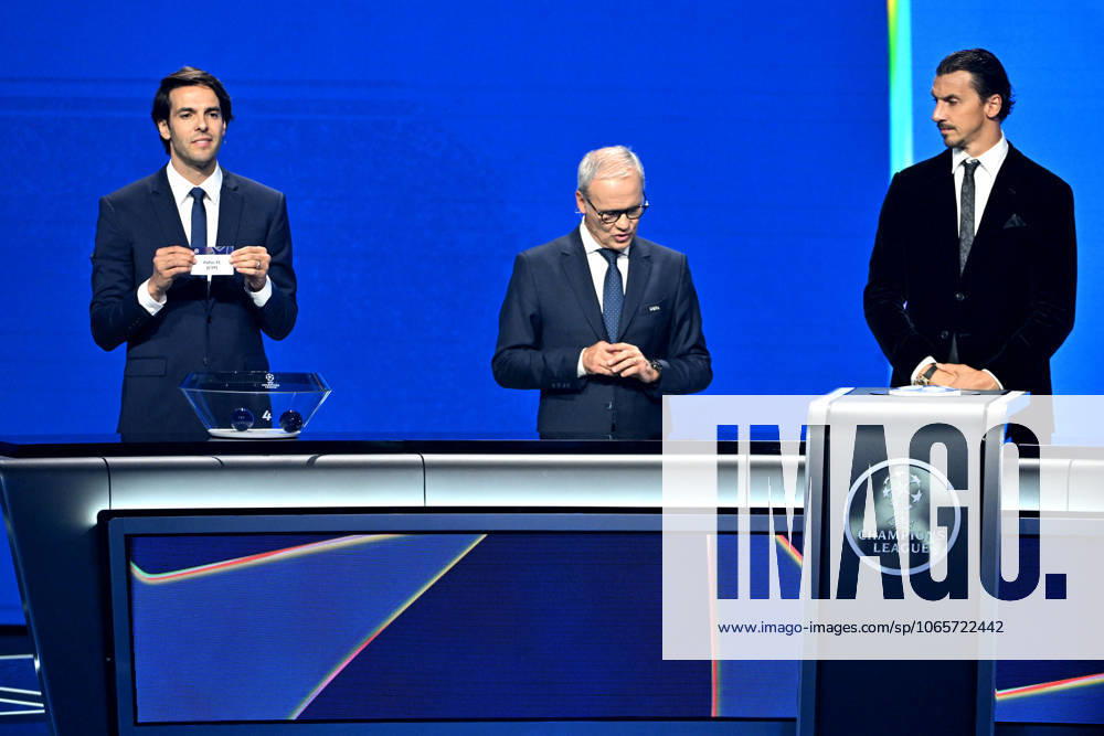 Kaka, Giorgio Marchetti, le secrétaire général de l UEFA, et Zlatan Ibrahimovic durant le tirage au sort de la phase de ligue de la Champions League 2025 - 2026, au Grimaldi Forum à Monaco, le 28 août 2025 Bruno Bebert Bestimage Draw for the group stage of the 2025–2026 UEFA Champions League at the Grimaldi Forum in Monaco on august 28th 2025 Monaco Monaco