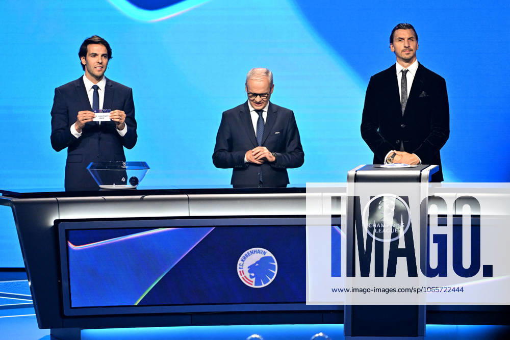 Kaka, Giorgio Marchetti, le secrétaire général de l UEFA, et Zlatan Ibrahimovic durant le tirage au sort de la phase de ligue de la Champions League 2025 - 2026, au Grimaldi Forum à Monaco, le 28 août 2025 Bruno Bebert Bestimage Draw for the group stage of the 2025–2026 UEFA Champions League at the Grimaldi Forum in Monaco on august 28th 2025 Monaco Monaco