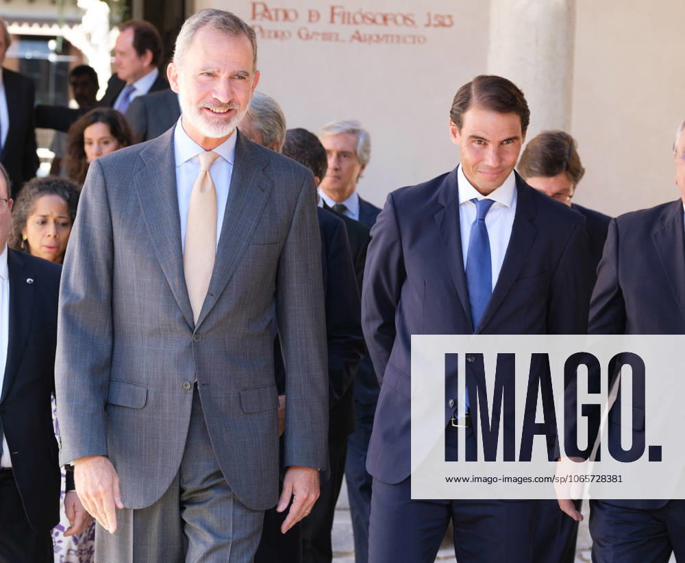 King Felipe VI of Spain and tennis player Rafael Nadal seen during the delivery of the Camino Real Award on its fifth edition, at the auditorium of the University of Alcala, in Alcala de Henares, Madrid. The Camino Real award has been granted by the Franklin Institute of the University of Alcala, which recognizes the professional work of Spaniards who in an outstanding and exemplary way project and enhance the positive image of Spain in the United States. The projection of the image of Spain in North America by the tennis player, means his triumph in the US Open (2019), as well as in previous editions of 2010, 2013, 2017 and in other tournaments played in North America.