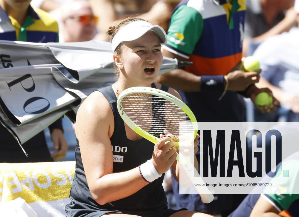 Barbora Krejcikova Czechia reacts when she sits for a change over in the second set against Jessica Pegula before losing in straight sets in their quarterfinal match in Arthur Ashe Stadium on day 8 at the 2025 US Open Tennis Championship at the USTA Billie Jean King National Tennis Center in New York City on Tuesday, September 2, 2025. NYP20250902109 JOHNxANGELILLO