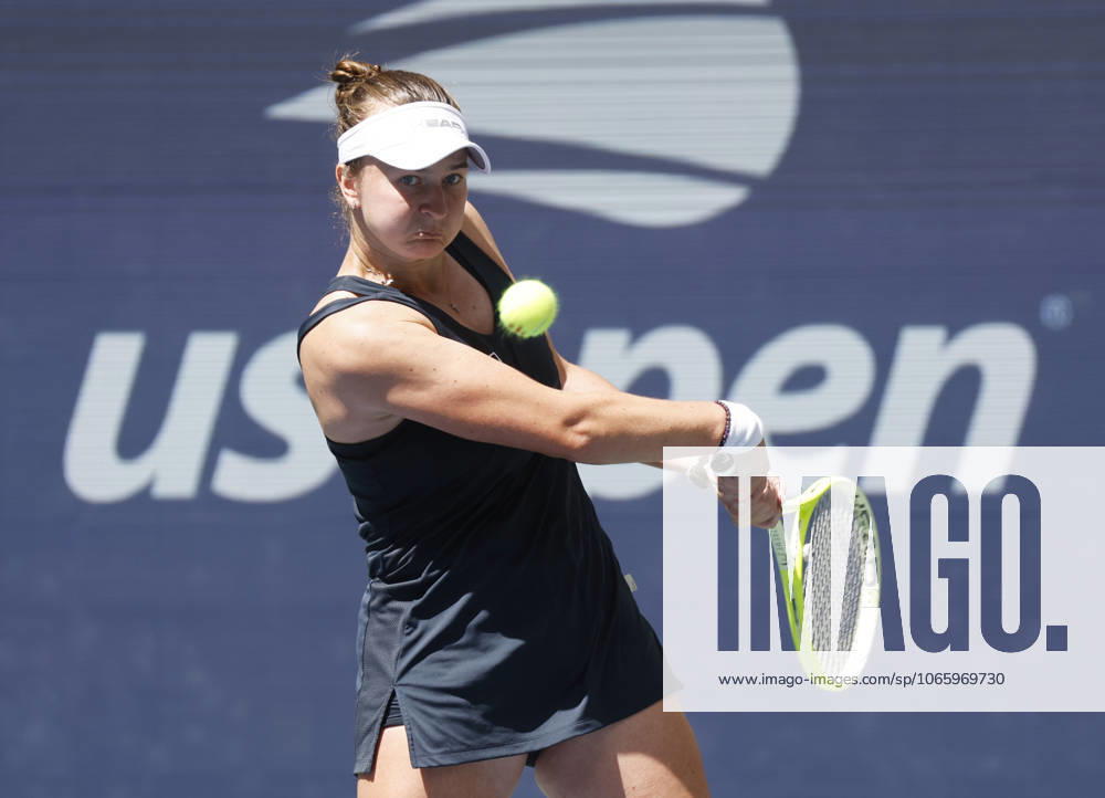 Barbora Krejcikova Czechia returns a ball in the second set against Jessica Pegula before losing in straight sets in their quarterfinal match in Arthur Ashe Stadium on day 8 at the 2025 US Open Tennis Championship at the USTA Billie Jean King National Tennis Center in New York City on Tuesday, September 2, 2025. NYP20250902110 JOHNxANGELILLO