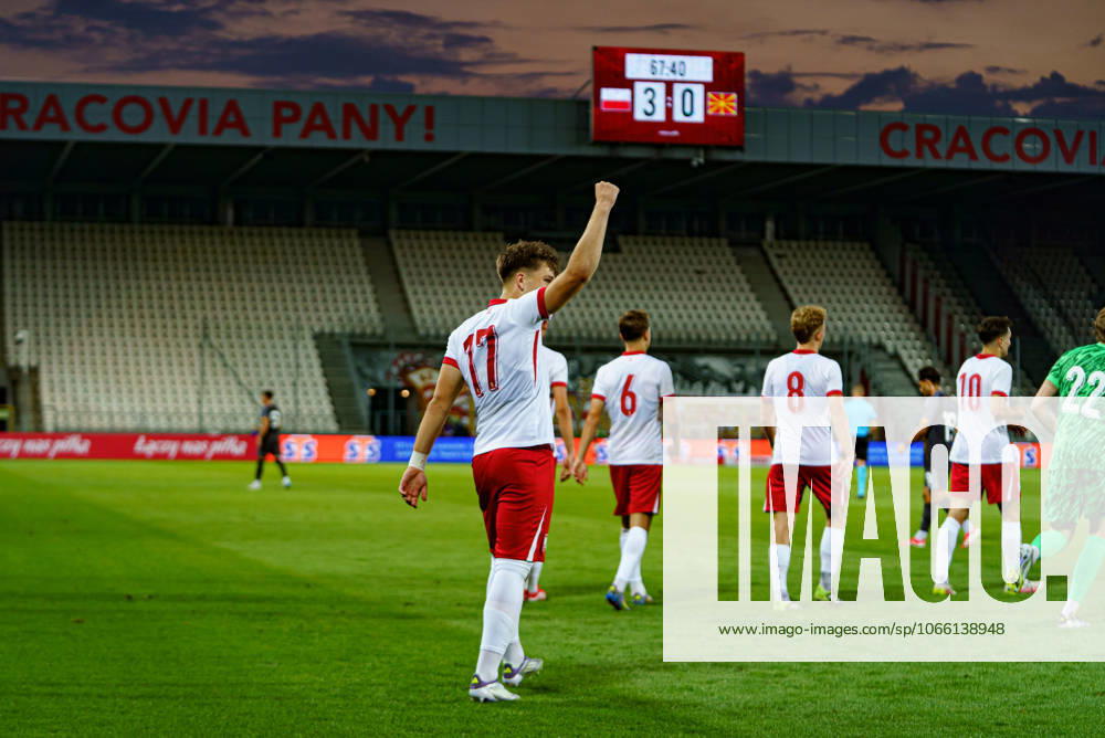 Oskar Pietuszewski seen celebrating after scoring goal during U21, U 21 2027 EURO Qualifying, EM, Europameisterschaft game between national teams of Poland and North Macedonia (Kazimierz Koper Ball Raw Images) Cracow Marshall Pilsudski Cracovia Stadium Poland