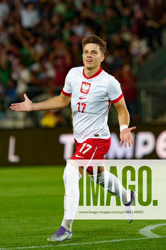 Oskar Pietuszewski seen celebrating after scoring goal during U21, U 21 2027 EURO Qualifying, EM, Europameisterschaft game between national teams of Poland and North Macedonia (Kazimierz Koper Ball Raw Images) Cracow Marshall Pilsudski Cracovia Stadium Poland