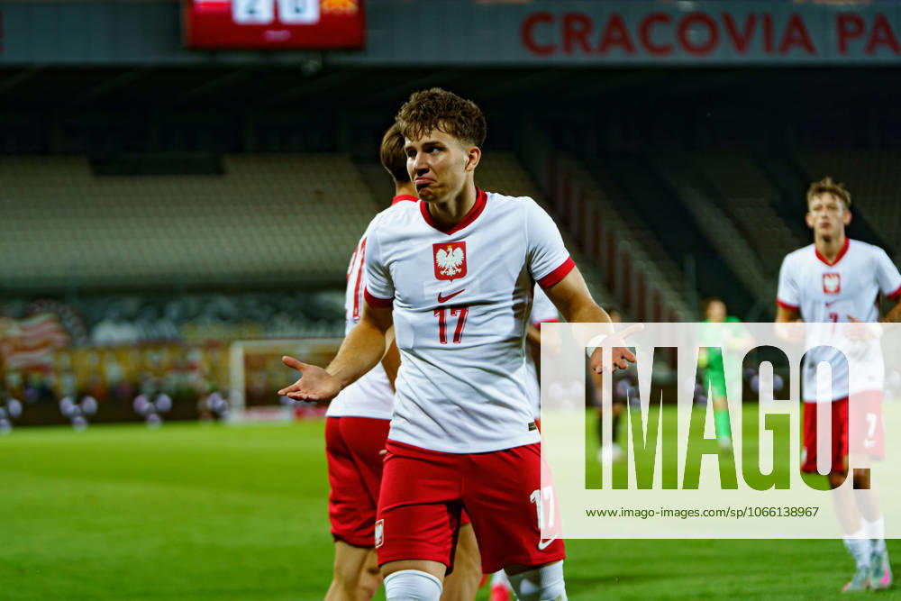 Oskar Pietuszewski seen celebrating after scoring goal during U21, U 21 2027 EURO Qualifying, EM, Europameisterschaft game between national teams of Poland and North Macedonia (Kazimierz Koper Ball Raw Images) Cracow Marshall Pilsudski Cracovia Stadium Poland