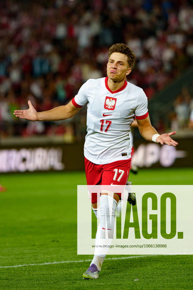 Oskar Pietuszewski seen celebrating after scoring goal during U21, U 21 2027 EURO Qualifying, EM, Europameisterschaft game between national teams of Poland and North Macedonia (Kazimierz Koper Ball Raw Images) Cracow Marshall Pilsudski Cracovia Stadium Poland