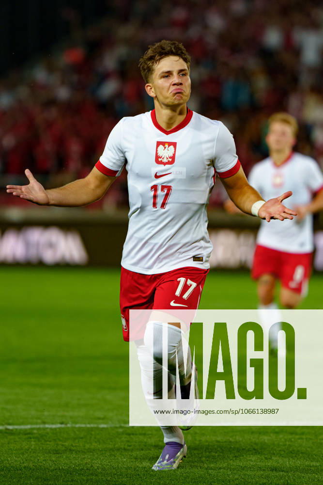 Oskar Pietuszewski seen celebrating after scoring goal during U21, U 21 2027 EURO Qualifying, EM, Europameisterschaft game between national teams of Poland and North Macedonia (Kazimierz Koper Ball Raw Images) Cracow Marshall Pilsudski Cracovia Stadium Poland