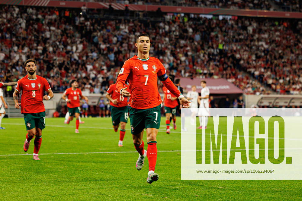 Cristiano Ronaldo seen celebrating after scoring goal during World Cup 2026 European qualification game between national teams of Hungary and Portugal (Maciej Rogowski Ball Raw Images) Budapest Puskas Arena Hungary