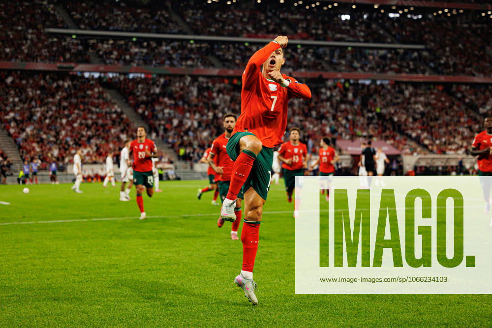 Cristiano Ronaldo seen celebrating after scoring goal during World Cup 2026 European qualification game between national teams of Hungary and Portugal (Maciej Rogowski Ball Raw Images) Budapest Puskas Arena Hungary