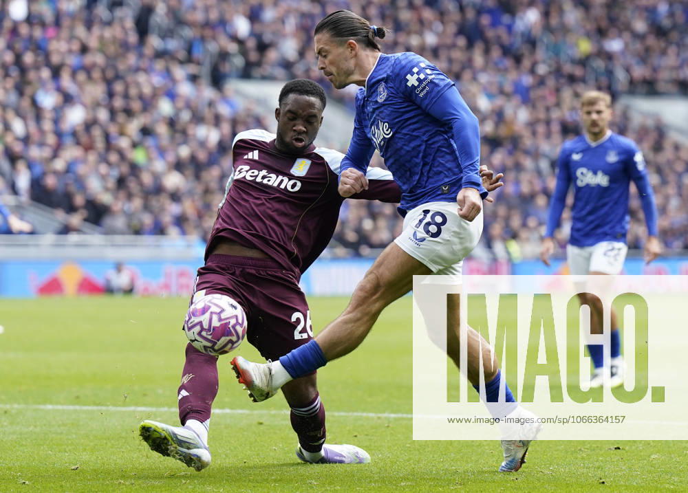 Liverpool, England, 13th September 2025. Jack Grealish of Everton (R) is challenged by Lamare Bogarde of Aston Villa during the Everton vs Aston Villa Premier League match at Hill Dickinson Stadium, Liverpool. Picture credit should read: Andrew Yates Sportimage . SPI_029_AY_EVERTON_VILLA SPI-4134-0025