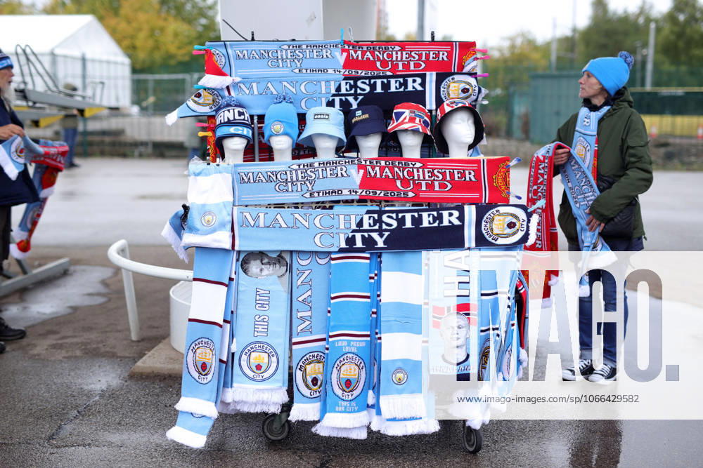 Manchester City v Manchester United, ManU 14th September 2025 - Premier League - Manchester City v Manchester United - merchandise on sale outside the Etihad Stadium including half and half scarves - Photo: Simon Stacpoole Offside. Manchester UK