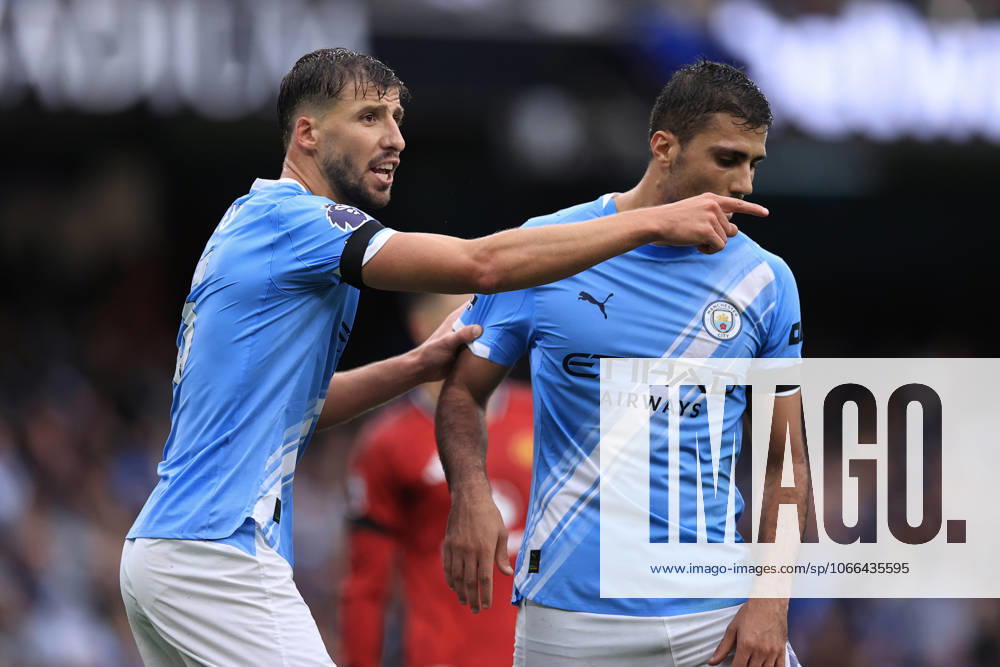 Manchester City v Manchester United, ManU 14th September 2025 - Premier League - Manchester City v Manchester United - Ruben Dias of Manchester City directs Rodri of Manchester City - Photo: Simon Stacpoole Offside. Manchester UK