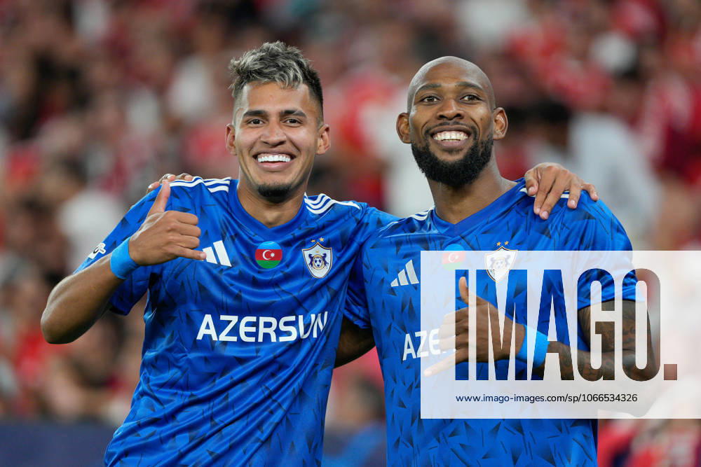 CHAMPIONS LEAGUE: BENFICA x QARABAG Camilo Duran of Qarabag FK (L) and Kevin Medina of Qarabag FK (R) celebrates their second goal during UEFA Champions League 2025 26 League phase Matchday 1 between SL Benfica and Qarabag FK at Estadio da Luz in Lisbon, Portugal. 15 09 2025 Lisbon Estadio da Luz Lisbon Portugal