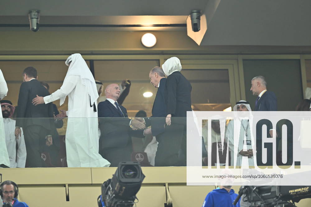 Argentina v France: FIFA World Cup, WM, Weltmeisterschaft, Fussball 2022 Final LUSAIL CITY, QATAR - DECEMBER 18: Turkish President Recep Tayyip Erdogan shakes hands with Gianni Infantino, President of FIFA after he arrived at the Lusail Stadium prior the FIFA World Cup Qatar 2022 Final match between Argentina and France on December 18, 2022 in Lusail City, Qatar. Doha Qatar. Editorial use only. Please get in touch for any other usage.