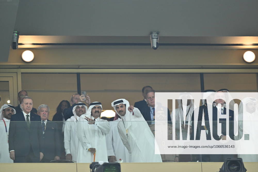 Argentina v France: FIFA World Cup, WM, Weltmeisterschaft, Fussball 2022 Final LUSAIL CITY, QATAR - DECEMBER 18: Turkish President Recep Tayyip Erdogan (L), Gianni Infantino, President of FIFA, and French President Emmanuel Macron are seen ahead of the FIFA World Cup Qatar 2022 Final match between Argentina and France at Lusail Stadium on December 18, 2022 in Lusail City, Qatar. Qatar World. Editorial use only. Please get in touch for any other usage.