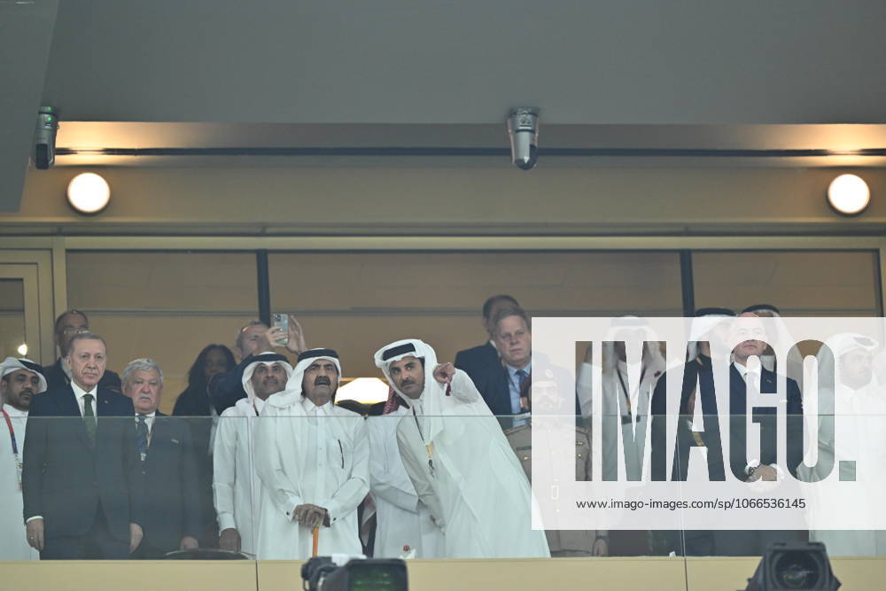 Argentina v France: FIFA World Cup, WM, Weltmeisterschaft, Fussball 2022 Final LUSAIL CITY, QATAR - DECEMBER 18: Turkish President Recep Tayyip Erdogan (L), Gianni Infantino, President of FIFA, and French President Emmanuel Macron are seen ahead of the FIFA World Cup Qatar 2022 Final match between Argentina and France at Lusail Stadium on December 18, 2022 in Lusail City, Qatar. Qatar World. Editorial use only. Please get in touch for any other usage.