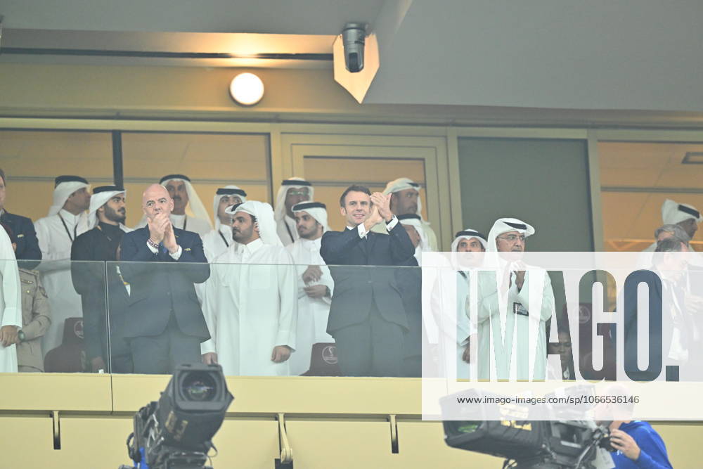 Argentina v France: FIFA World Cup, WM, Weltmeisterschaft, Fussball 2022 Final LUSAIL CITY, QATAR - DECEMBER 18: Gianni Infantino, President of FIFA, and French President Emmanuel Macron are seen ahead of the FIFA World Cup Qatar 2022 Final match between Argentina and France at Lusail Stadium on December 18, 2022 in Lusail City, Qatar. Qatar World. Editorial use only. Please get in touch for any other usage.