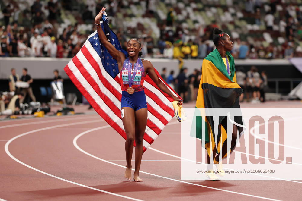 Day 7 - World Athletics Championships Tokyo 2025 Melissa Jefferson-Wooden of the USA celebrates with a Stars & Stripes after winning gold in the women s 200m final during the World Athletics Championships 2025 at the National Stadium in Tokyo, Japan, on September 19, 2025. Tokoyo Japan
