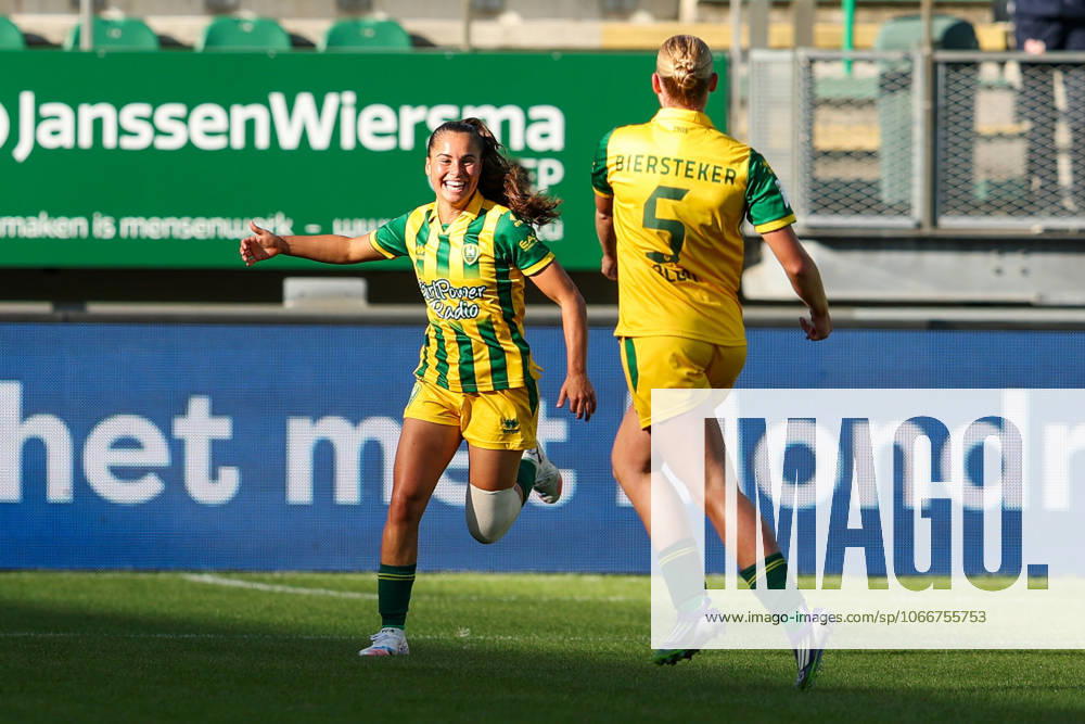 2025-09-21 ADO Den Haag v sc Heerenveen - Euro Jackpot Vrouwen Eredivisie DEN HAAG, NETHERLANDS - SEPTEMBER 21: Ziva Henry of ADO Den Haag celebrates after scoring the first goal of the team during the Euro Jackpot Vrouwen Eredivisie match between ADO Den Haag and sc Heerenveen at WerkTalent Stadion on September 21, 2025 in Den Haag, Netherlands. Den Haag WerkTalent Stadion Netherlands Content not available for redistribution in The Netherlands directly or indirectly through any third parties.