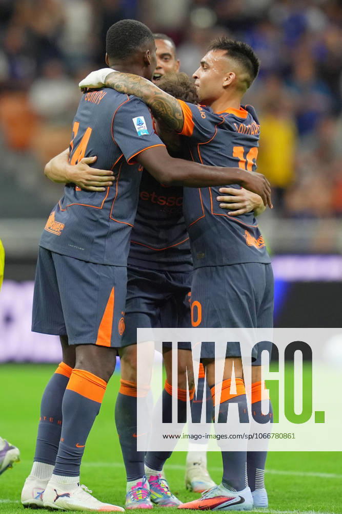 Inter Milan s Carlos Augusto celebrates after scoring 2-0 during the Serie A soccer match between Inter and Sassuolo at the San Siro Stadium in Milan , north Italy - Sunday , September 21 , 2025. - Soccer .