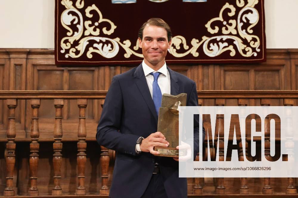 The King Presents The V Edition Of The camino Real Award To Rafael Nadal?????????????? MADRID, SPAIN - SEPTEMBER 20: (---- – MANDATORY CREDIT - ROYAL PALACE OF SPAIN HANDOUT - NO MARKETING NO ADVERTISING CAMPAIGNS - DISTRIBUTED AS A SERVICE TO CLIENTS----) Tennis player Rafa Nadal after receiving the Camino Real Award from the King, during the V edition, at the Auditorium of the University of Alcala, on 20 September, 2022 in Alcala de Henares, Madrid, Spain. The Camino Real award has been granted by the Franklin Institute of the University of Alcala, which recognizes the professional work of Spaniards who in an outstanding and exemplary way project and enhance the positive image of Spain in the United States. The projection of the image of Spain in North America by the tennis player, means his triumph in the US Open (2019), as well as in previous editions of 2010, 2013, 2017 and in other tournaments played in North America. In addition, it is worth mentioning his personal involvement in different social actions from the Rafael Nadal Foundation, which integrates vulnerable minors or young people with intellectual disabilities. Madrid Spain. Editorial use only. Please get in touch for any other usage.