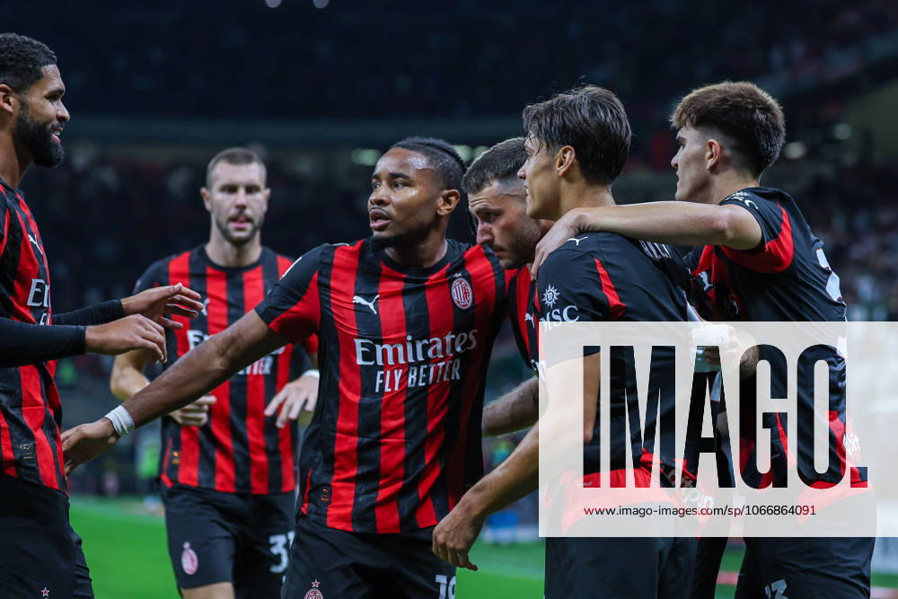 Santiago Gimenez of AC Milan celebrates with his teammates after scoring a goal during Coppa Italia 2025 26 football match between AC Milan and US Lecce at San Siro Stadium Milan Italy on 23 September 2025. Milan Stadio San Siro Milan Italy