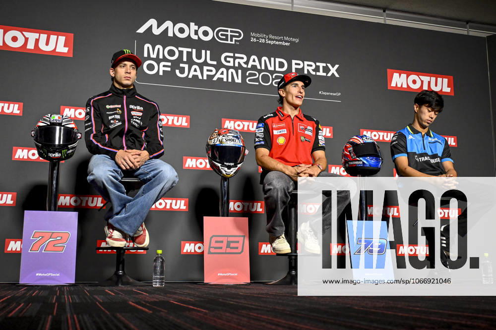 MOTO - MOTO GP - GRAND PRIX OF JAPAN 2025 MARQUEZ Marc (spa), Ducati Lenovo Team, Ducati Desmosedici GP25, portrait with BEZECCHI Marco (ita), Aprilia Racing Team Gresini, Aprilia RS-GP 2025 and OGURA Ai (jap), Trackhouse Racing, Aprilia RS-GP 2024 during the 2025 MotoGP Motul Grand Prix of Japan on the Twin Ring Motegi Circuit from September 26 to 28, At Motegi, Japan - MotegiJapan