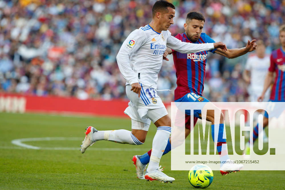 FC Barcelona, Barca v Real Madrid CF - La Liga Santander BARCELONA, SPAIN - OCTOBER 24: Lucas Vazquez of Real Madrid (L) vies with Jordi Alba of FC Barcelona (R) during the La Liga match between FC Barcelona and Real Madrid at Camp Nou in Barcelona on October 24, 2021 Catalonia Spain. Editorial use only. Please get in touch for any other usage.