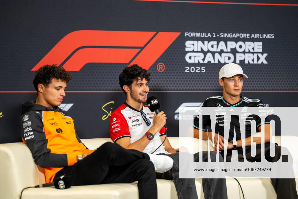Formula 1 Singapore Airlines Singapore Grand Prix - Arrivals George Russell (Gbr) of Mercedes-AMG Petronas F1 Team 63 Esteban Ocon (Fra) of Haas F1 Team 31 and Lando Norris (Gbr) of McLaren Racing 4 during the press conference, PK, Pressekonferenz on Thursday (Media Day) during Formula 1 Singapore Airlines Singapore Grand Prix 2025 at the Marina Bay Street Circuit on October 2, 2025 Photo by Antoine Lapeyre ABACAPRESS.COM Singapore Singapore