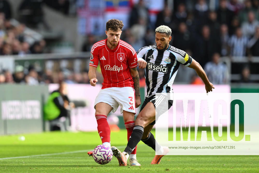 Newcastle United v Nottingham Forest - Premier League Joelinton of Newcastle United tackles Neco Williams of Nottingham Forest during the Premier League match between Newcastle United and Nottingham Forest at St. James s Park in Newcastle, United Kingdom, on October 5, 2025. Newcastle Tyne and Wear United Kingdom