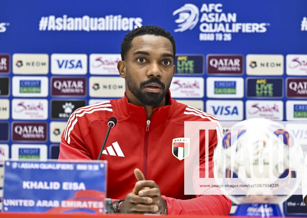 Press conference, PK, Pressekonferenz TEAM UNITED ARAB EMIRATES -2026 FIFA World Cup, WM, Weltmeisterschaft, Fussball ASIAN QUALIFIER PLAYOFFS Khalid Eisa of United Arab Emirates attends a press conference ahead of the FIFA World Cup 2026 AFC Asian qualifiers playoffs group A match between United Arab Emirates and Oman at Jassim Bin Hamad Stadium in Doha, Qatar, on October 10, 2025. DOHA Qatar
