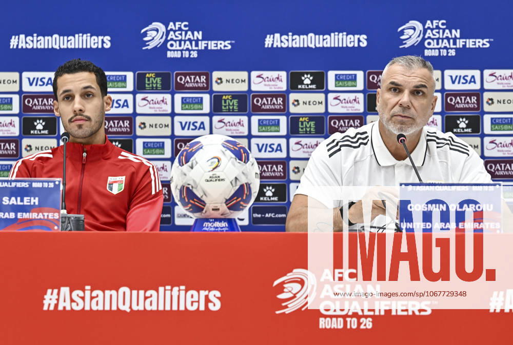 Press conference, PK, Pressekonferenz TEAM UNITED ARAB EMIRATES-2026 FIFA World Cup, WM, Weltmeisterschaft, Fussball ASIAN QUALIFIER PLAYOFFS Head coach of United Arab Emirates Cosmin Olaroiu (R) and player Ali Saleh (L) attend a press conference ahead of the FIFA World Cup 2026 AFC Asian qualifiers playoffs group A match between Qatar and United Arab Emirates at Jassim Bin Hamad Stadium in Doha, Qatar, on October 13, 2025. DOHA Qatar