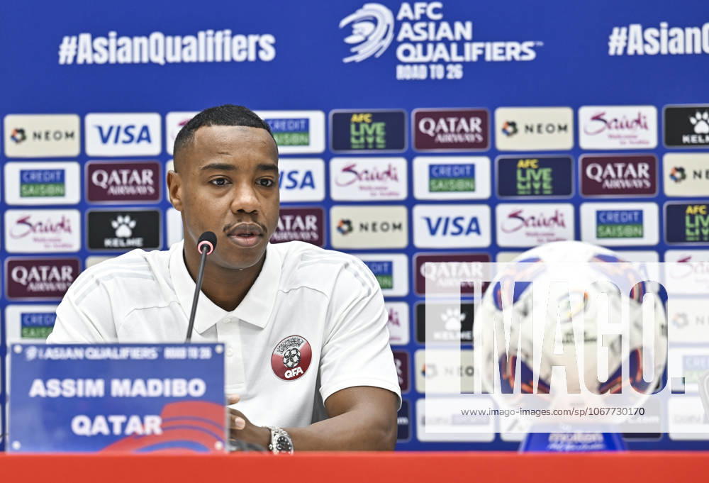 Press conference, PK, Pressekonferenz TEAM QATAR-2026 FIFA World Cup, WM, Weltmeisterschaft, Fussball ASIAN QUALIFIER PLAYOFFS Qatar player Assim Madibo attends a press conference ahead of the FIFA World Cup 2026 AFC Asian qualifiers playoffs group A match between Qatar and United Arab Emirates at Jassim Bin Hamad Stadium in Doha, Qatar, on October 13, 2025. DOHA Qatar