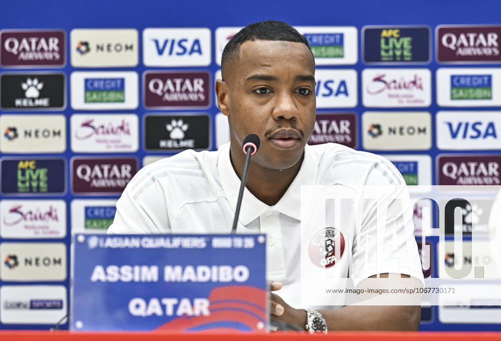 Press conference, PK, Pressekonferenz TEAM QATAR-2026 FIFA World Cup, WM, Weltmeisterschaft, Fussball ASIAN QUALIFIER PLAYOFFS Qatar player Assim Madibo attends a press conference ahead of the FIFA World Cup 2026 AFC Asian qualifiers playoffs group A match between Qatar and United Arab Emirates at Jassim Bin Hamad Stadium in Doha, Qatar, on October 13, 2025. DOHA Qatar