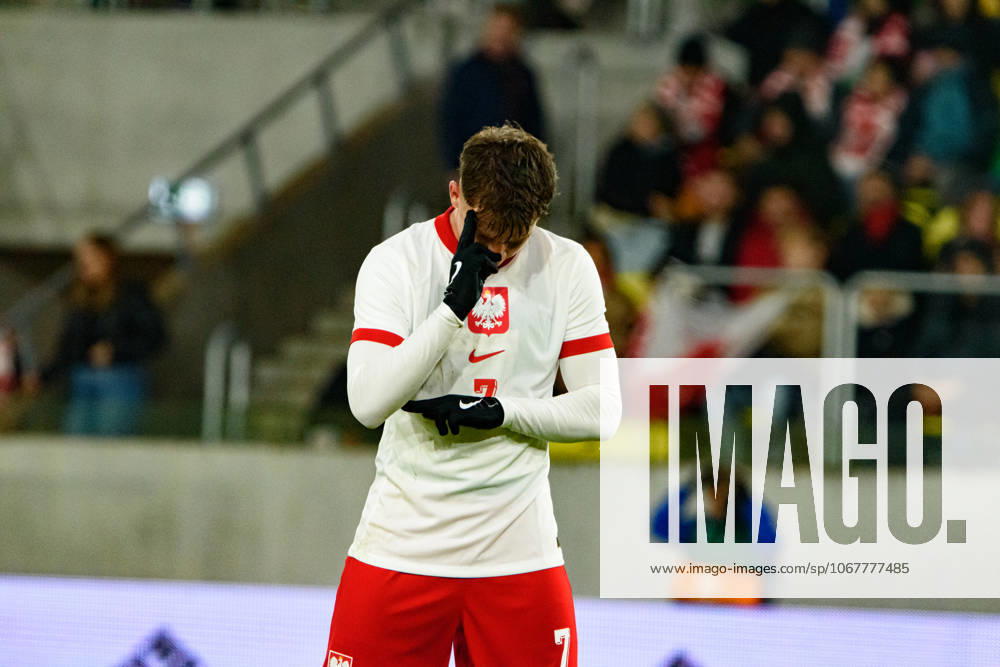 Oskar Pietuszewski seen celebrating after scoring goal during U21, U 21 2027 EURO Qualifying, EM, Europameisterschaft game between national teams of Poland and Montenegro (Kazimierz Koper Ball Raw Images) Katowice Arena Katowice Poland